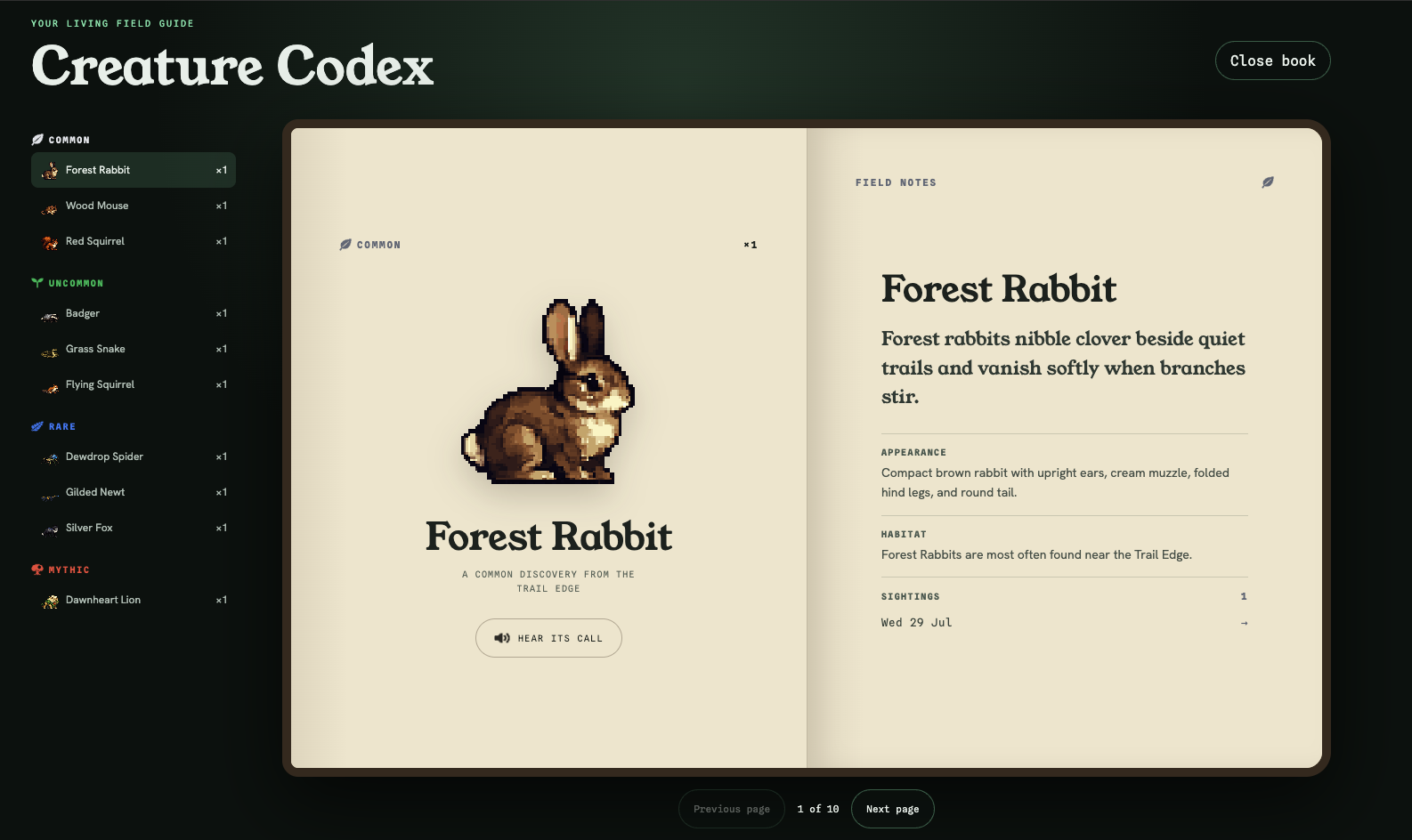 The Creature Codex open like a book on the Forest Rabbit page, with field notes on appearance, habitat and date sighted.