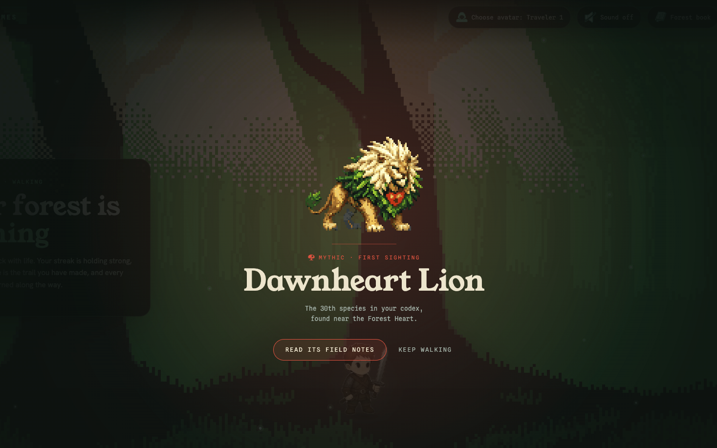 A first sighting: a Dawnheart Lion resolving out of the dark, labelled Mythic, the thirtieth species in the codex.